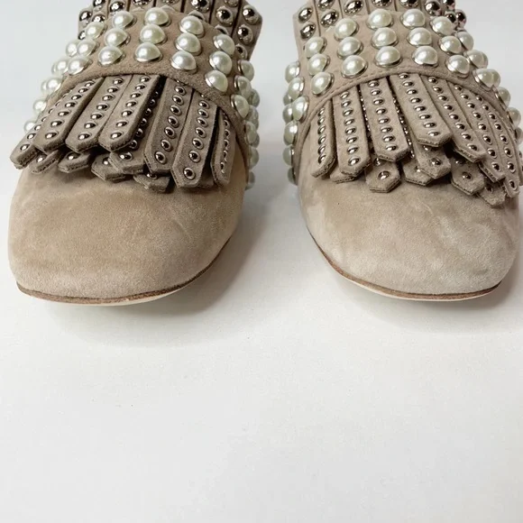 NWOB Jeffrey Campbell Ravis Pearl Studded Embellished Fringe Taupe Suede Mules - Picture 3 of 10
